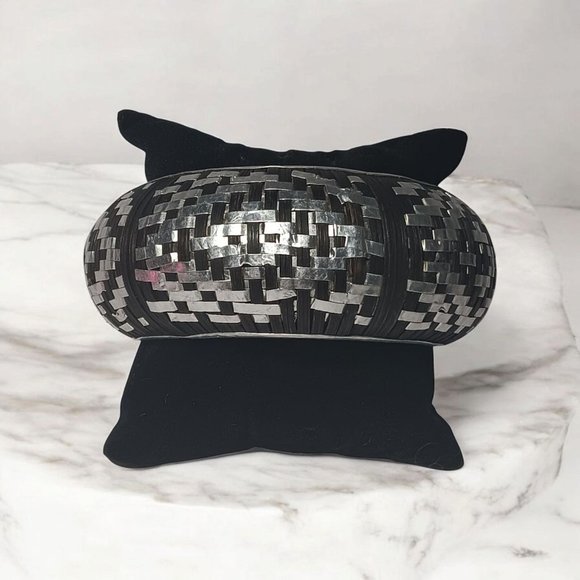 Unbranded Jewelry - Rounded Bangle Bracelet Black Rattan and Aluminum Metal Weave 2" Wide
